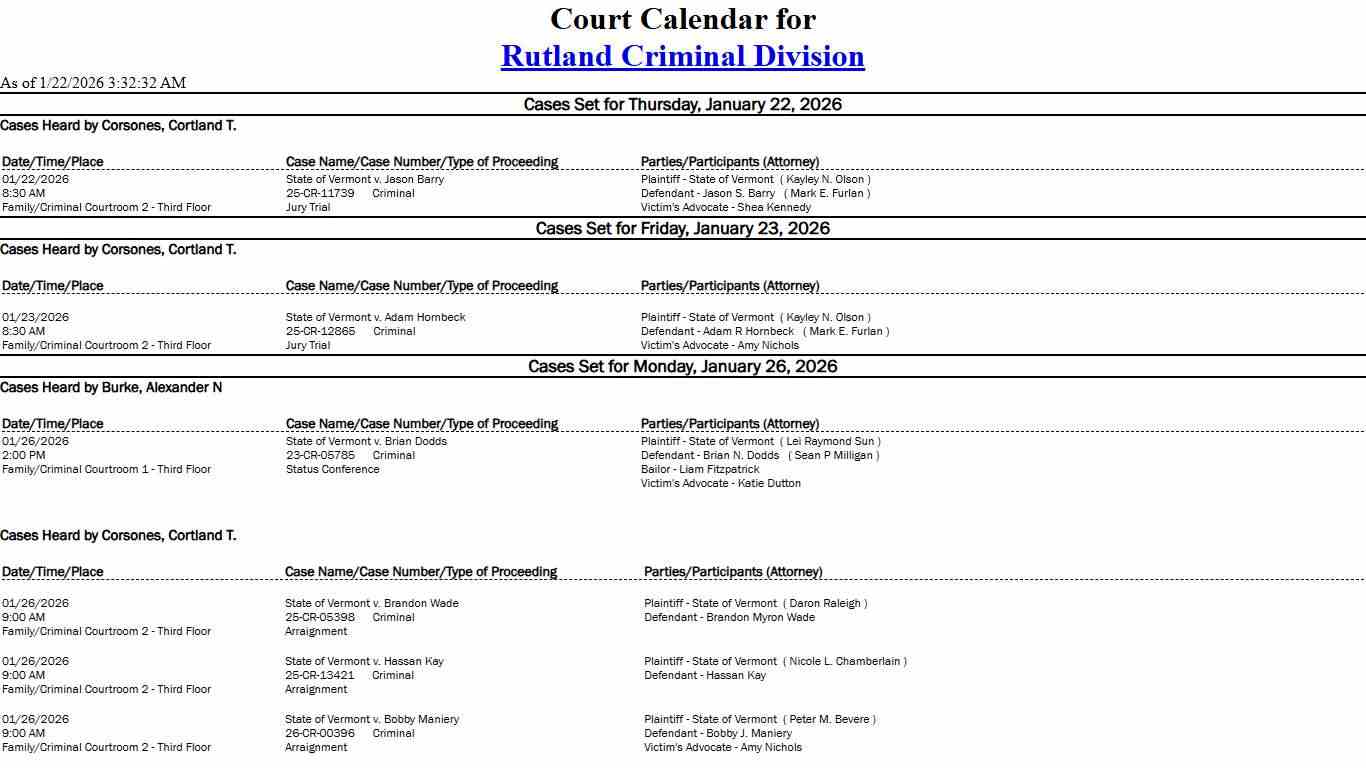 Rutland Criminal Division Calendar