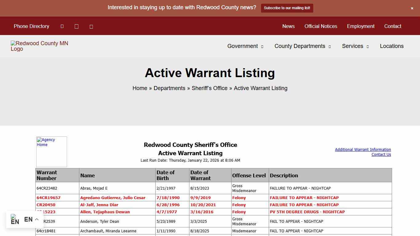 Active Warrant Listing - Redwood County, MN